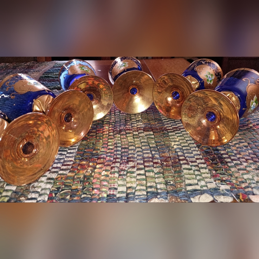 Sale! Elegant Vintage Bohemian Czech Cobalt Blue and Gold Goblets Set -6 - Picture 4 of 9